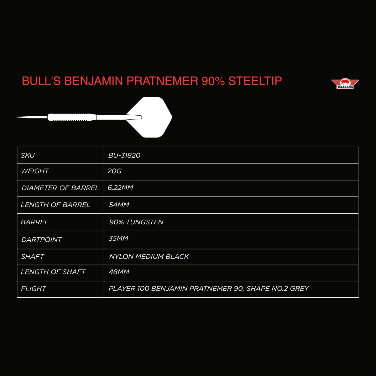 Bulls Benjamin Pratnemer Darts - Steel Tip - 90% Tungsten - 20g - Image 4