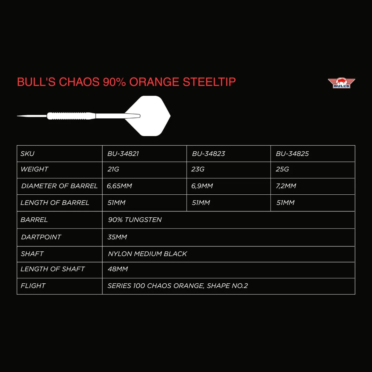 Bulls Chaos Darts - Steel Tip - 90% Tungsten - Orange - Image 5