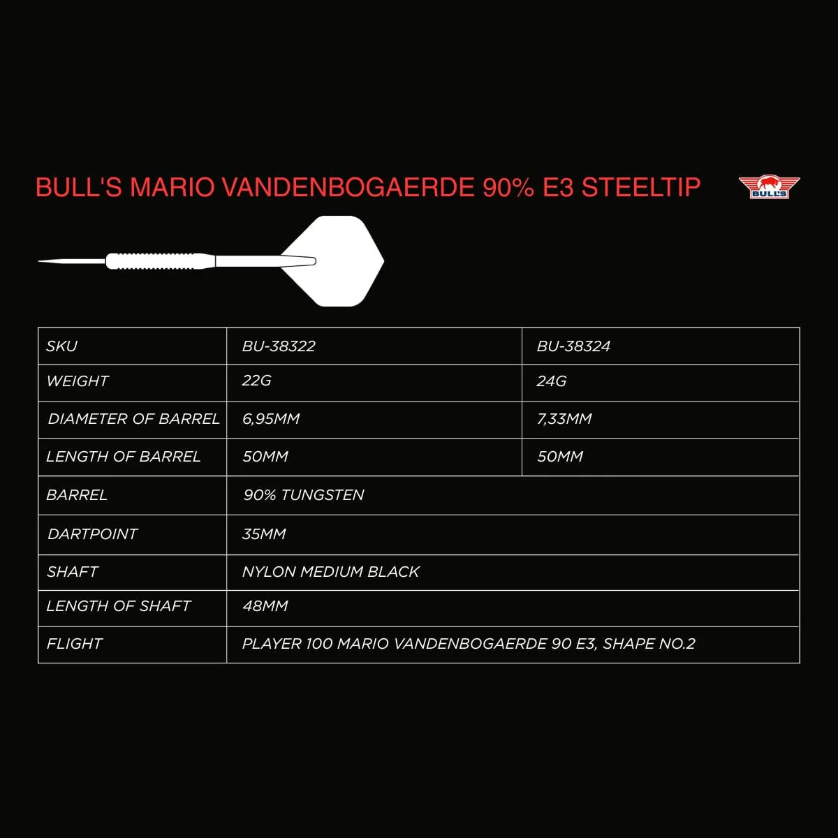 Bulls Mario Vandenbogaerde Darts - Steel Tip - 90% Tungsten - E3 - Image 3
