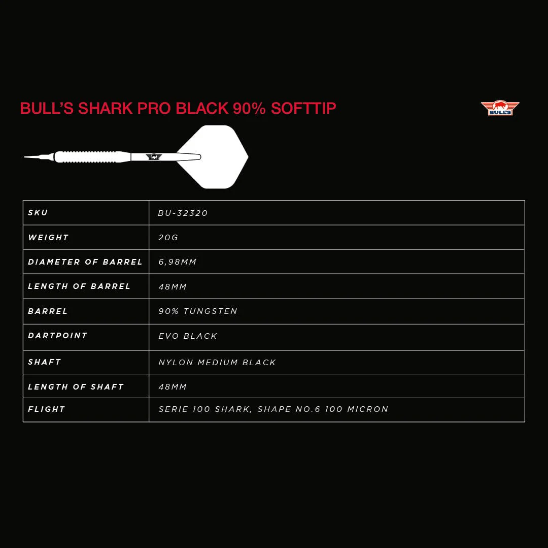 Bulls Shark Pro Black Darts - Soft Tip - 90% Tungsten - Image 3
