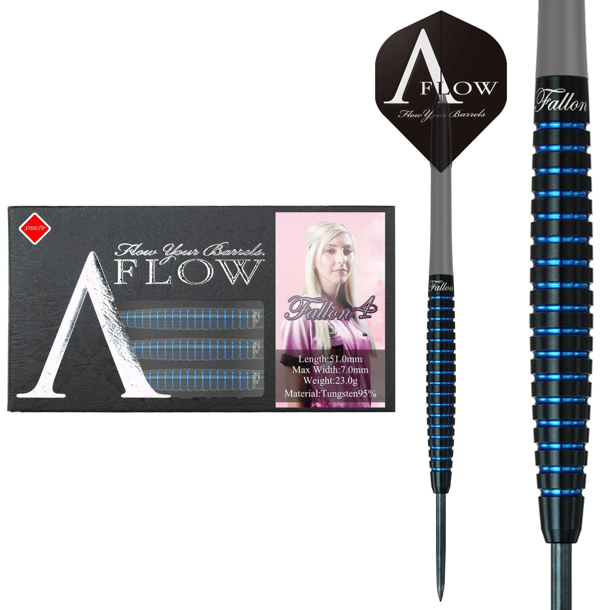 Dynasty - A Flow - Steel Tip Darts - Black Line - Fallon Sherrock - Blue Ring - Fallon 4 - 23g - Image 2