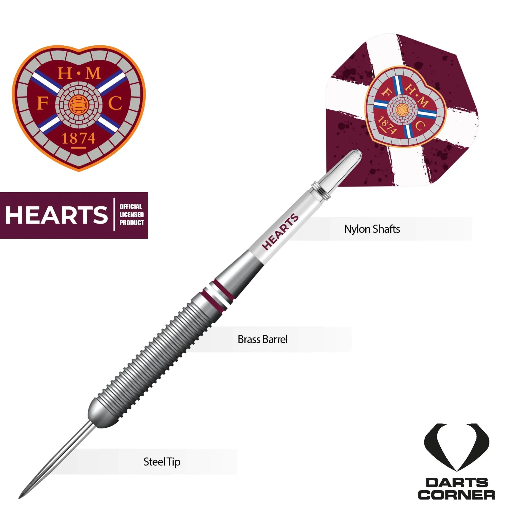 Heart of Midlothian FC - Official Licensed - Hearts - Steel Tip Darts - Brass - 22g - Image 3