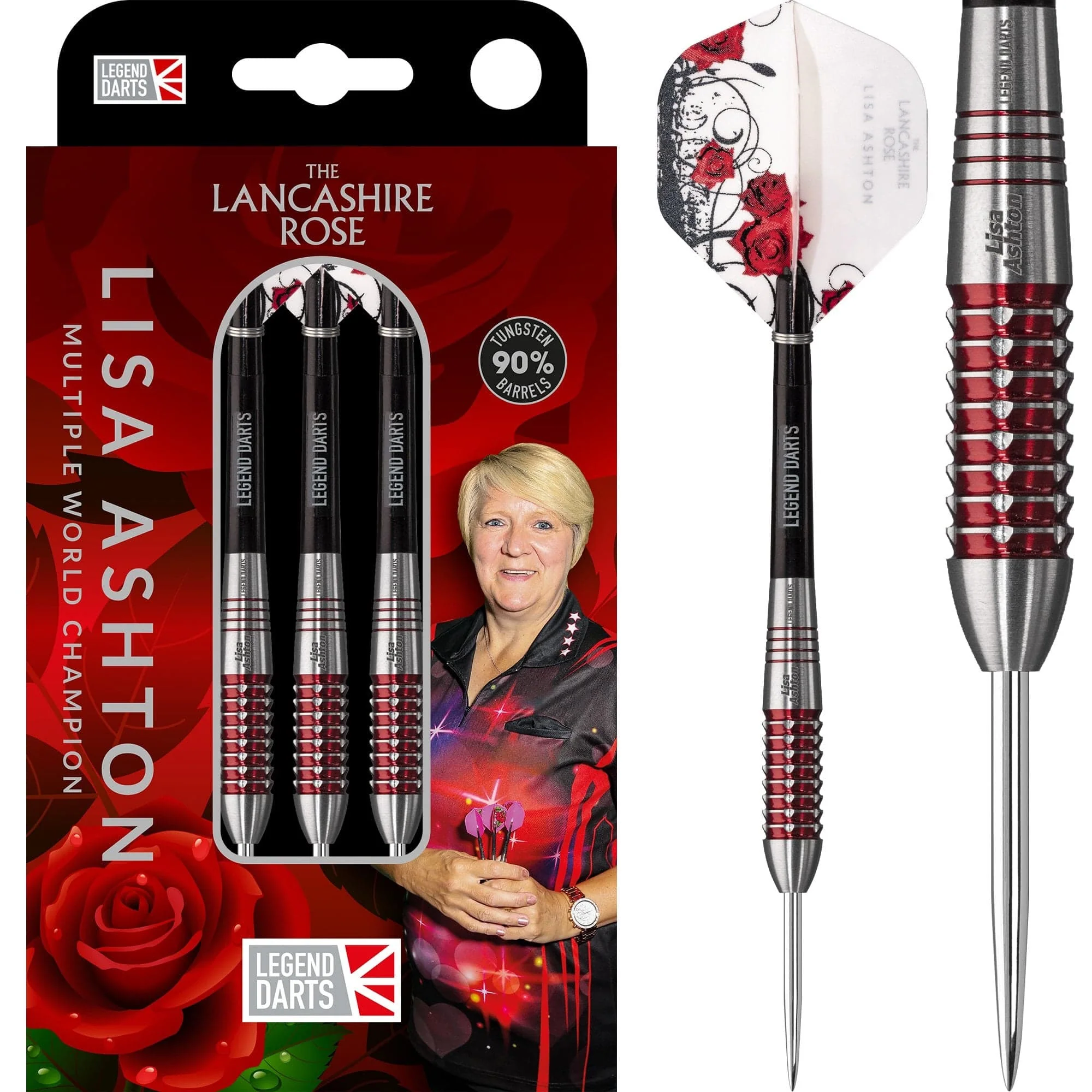 *Legend Darts - Steel Tip - 90% Tungsten - The Lancashire Rose - Lisa Ashton - Electro Red