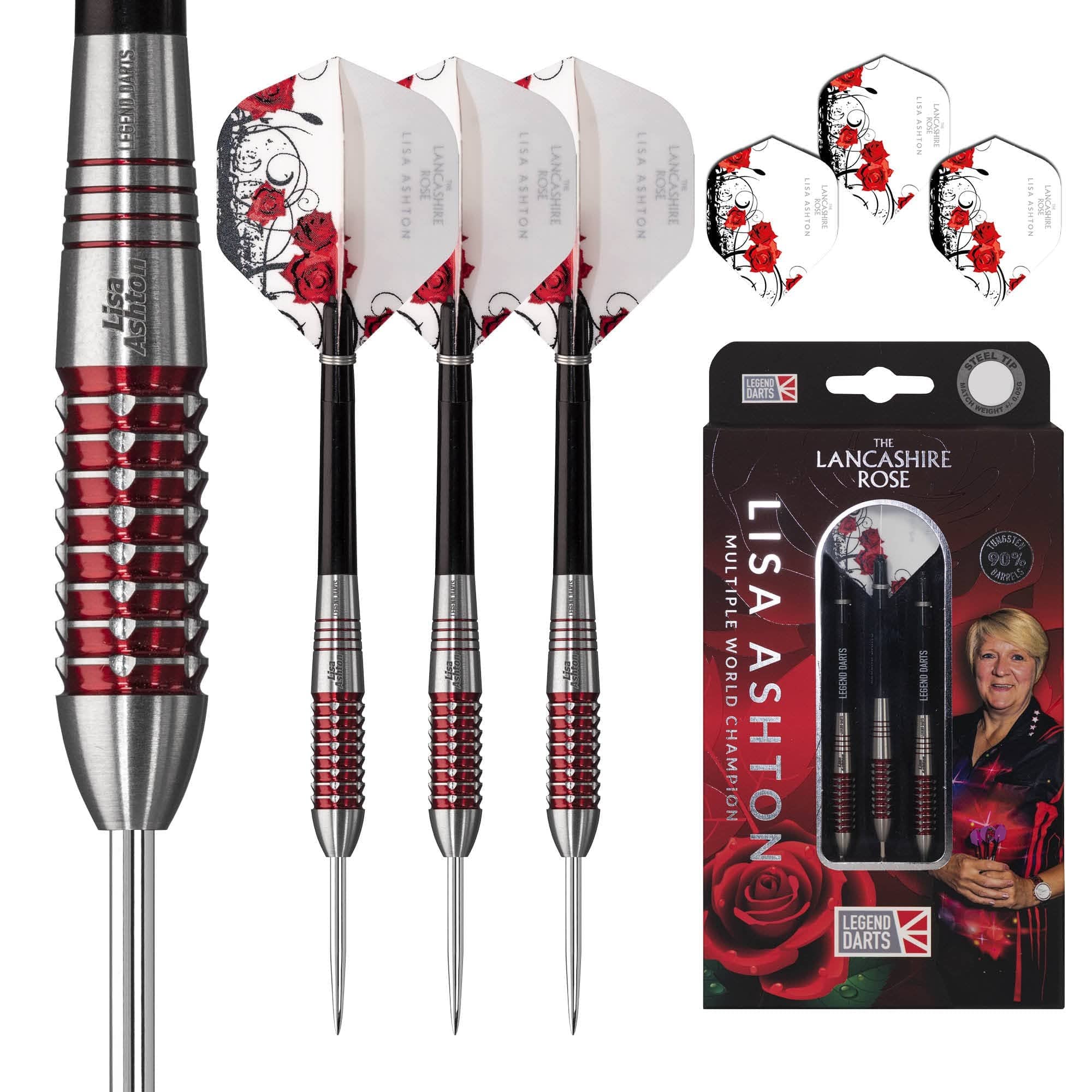 *Legend Darts - Steel Tip - 90% Tungsten - The Lancashire Rose - Lisa Ashton - Electro Red - Image 2