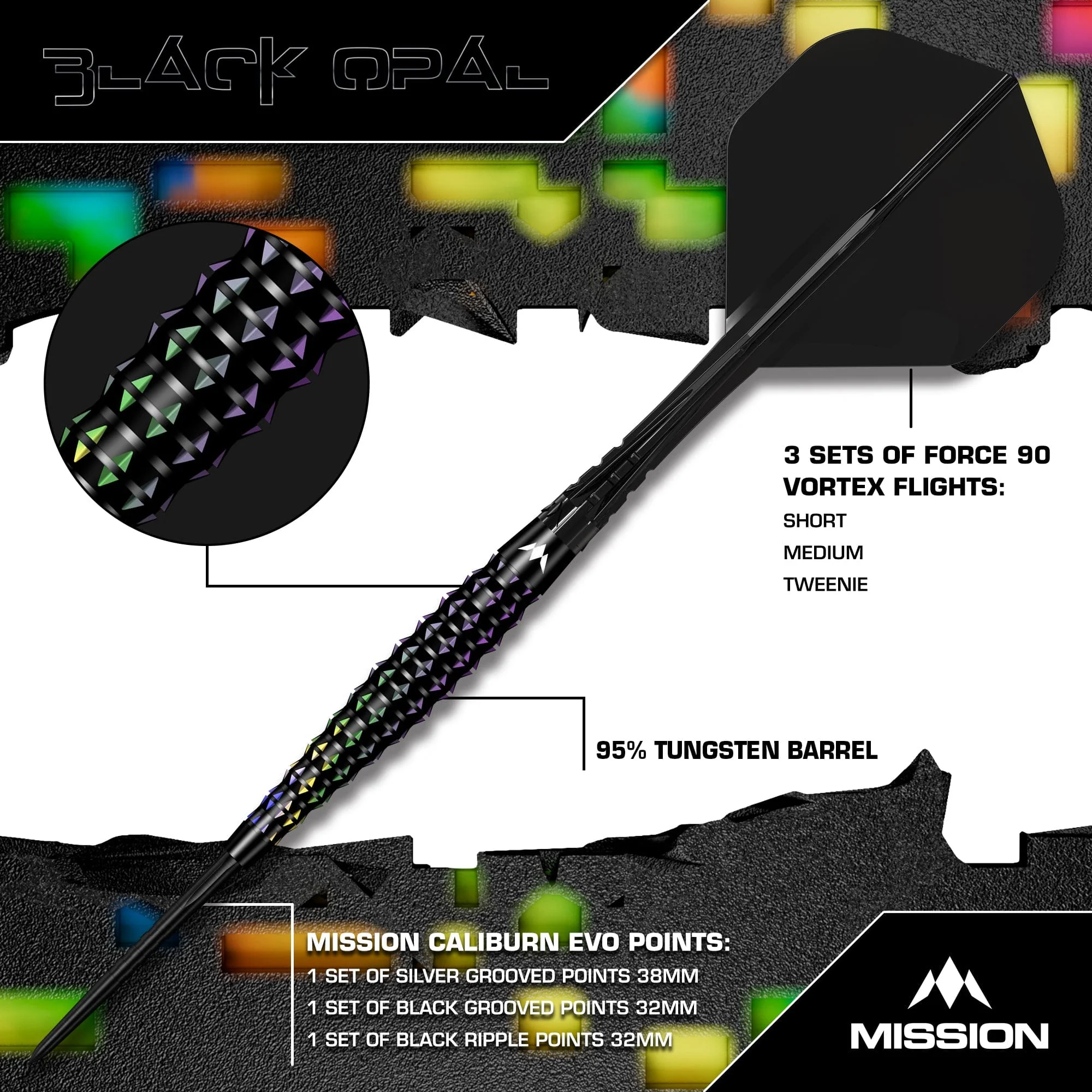 Mission Black Opal Darts - Steel Tip - 95% Tungsten - Black & Coral PVD - Image 2