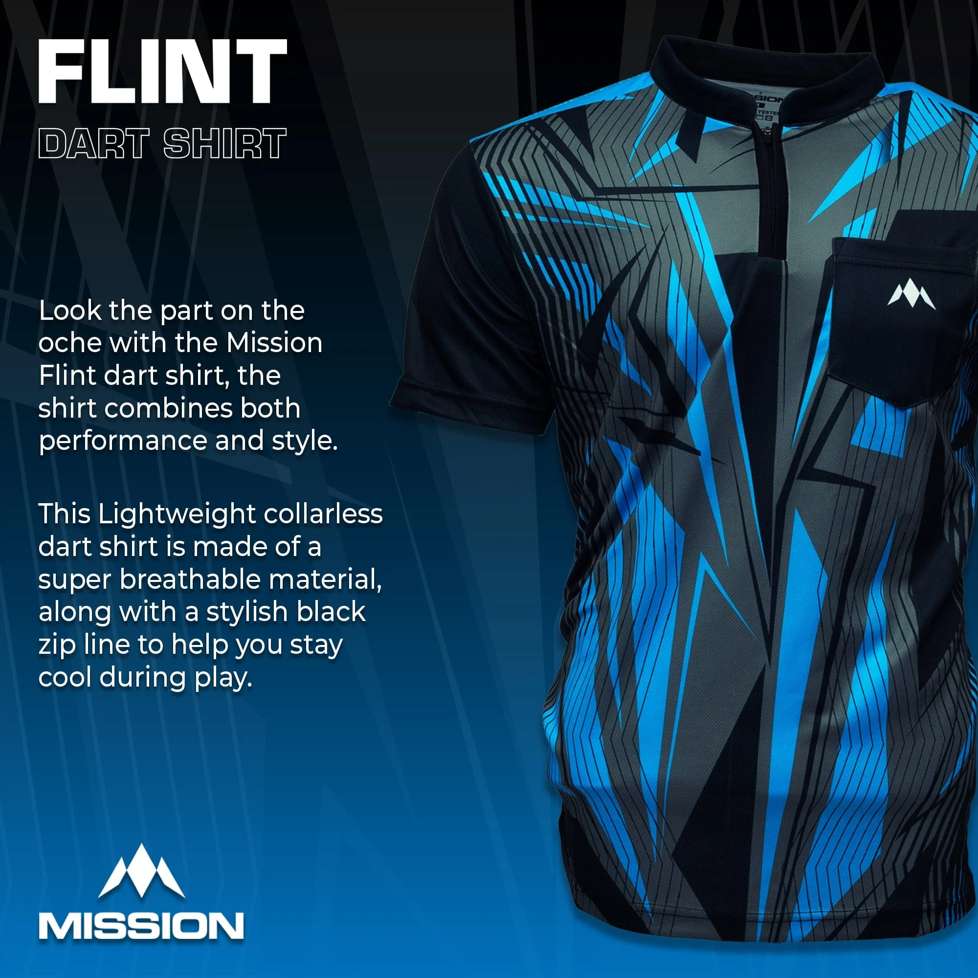 *Mission Darts Flint Dart Shirt - Collarless - Lightweight - Black & Blue - Image 2
