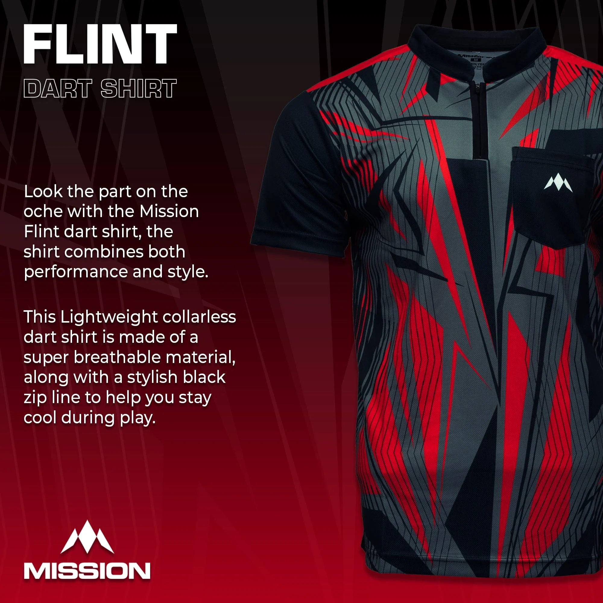 *Mission Darts Flint Dart Shirt - Collarless - Lightweight - Black & Red - Image 2