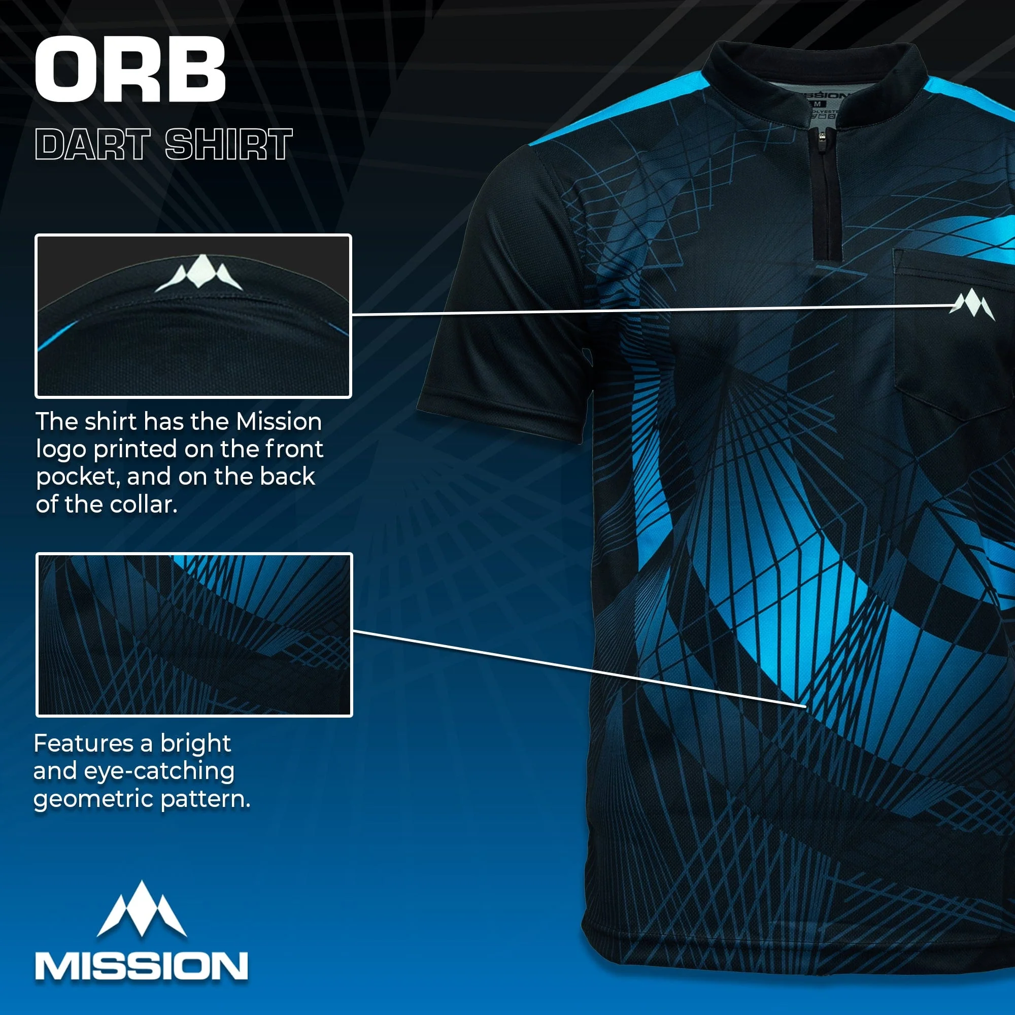*Mission Darts Orb Dart Shirt - Collarless - Lightweight - Black & Blue - Youth - Image 3
