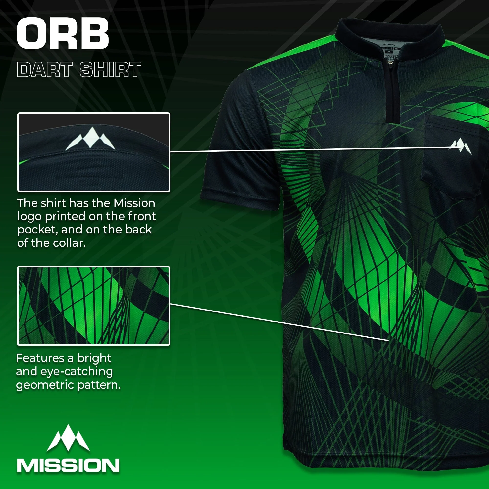 *Mission Darts Orb Dart Shirt - Collarless - Lightweight - Black & Green - Youth - Image 3