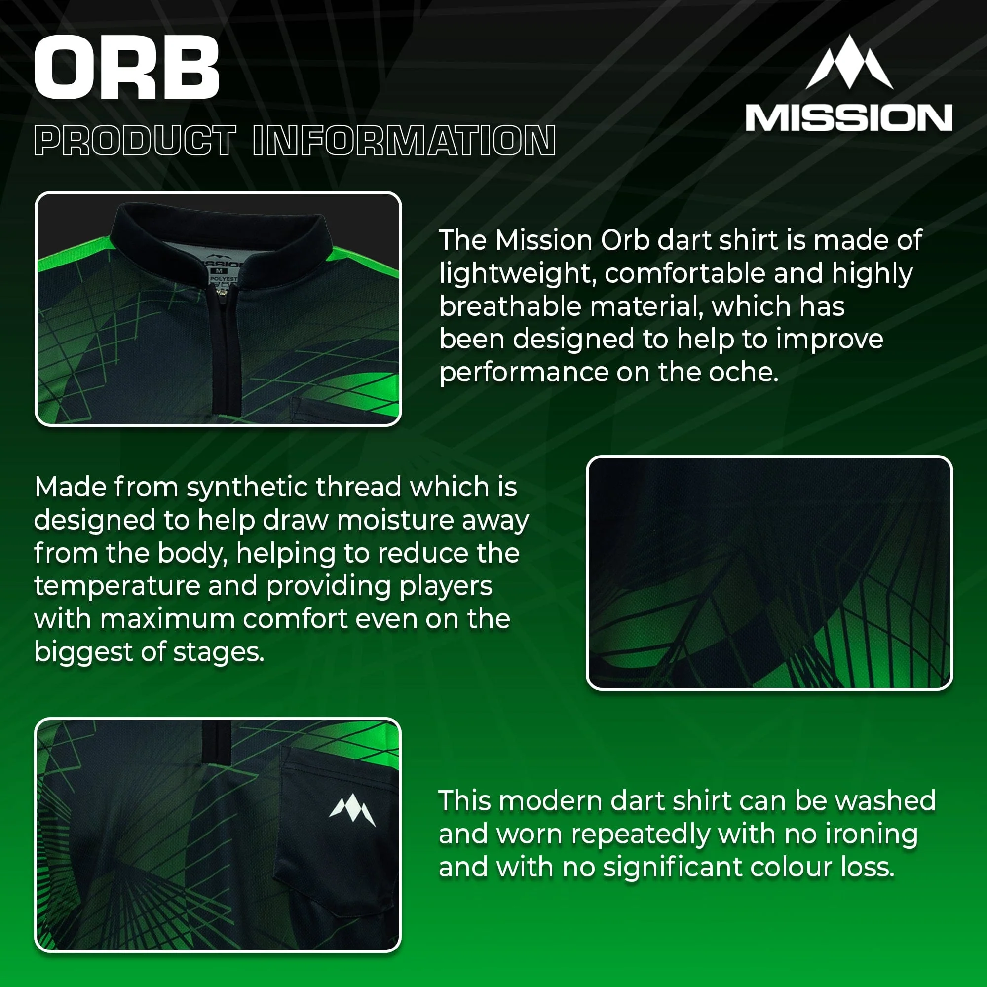*Mission Darts Orb Dart Shirt - Collarless - Lightweight - Black & Green - Youth - Image 4