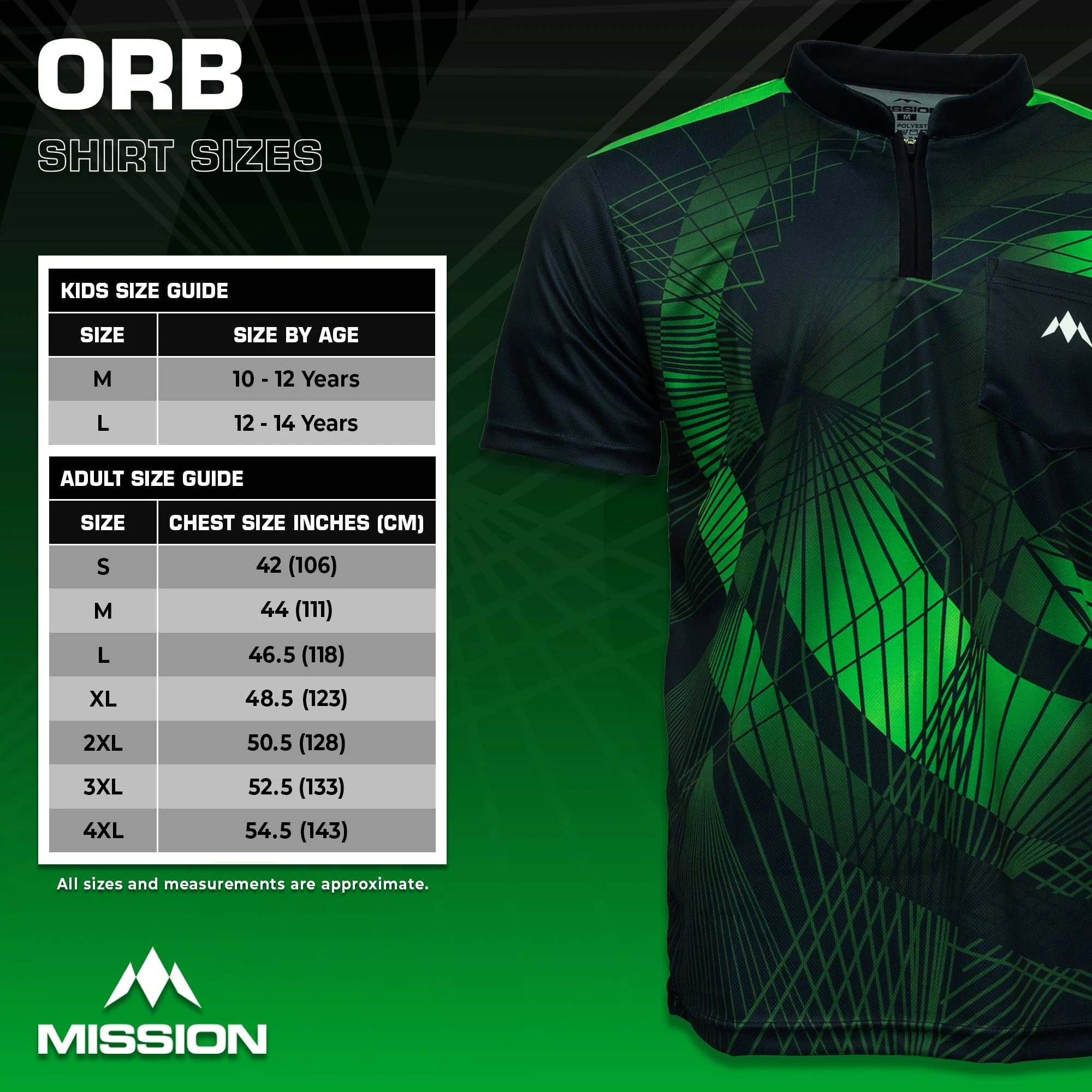 *Mission Darts Orb Dart Shirt - Collarless - Lightweight - Black & Green - Youth - Image 5