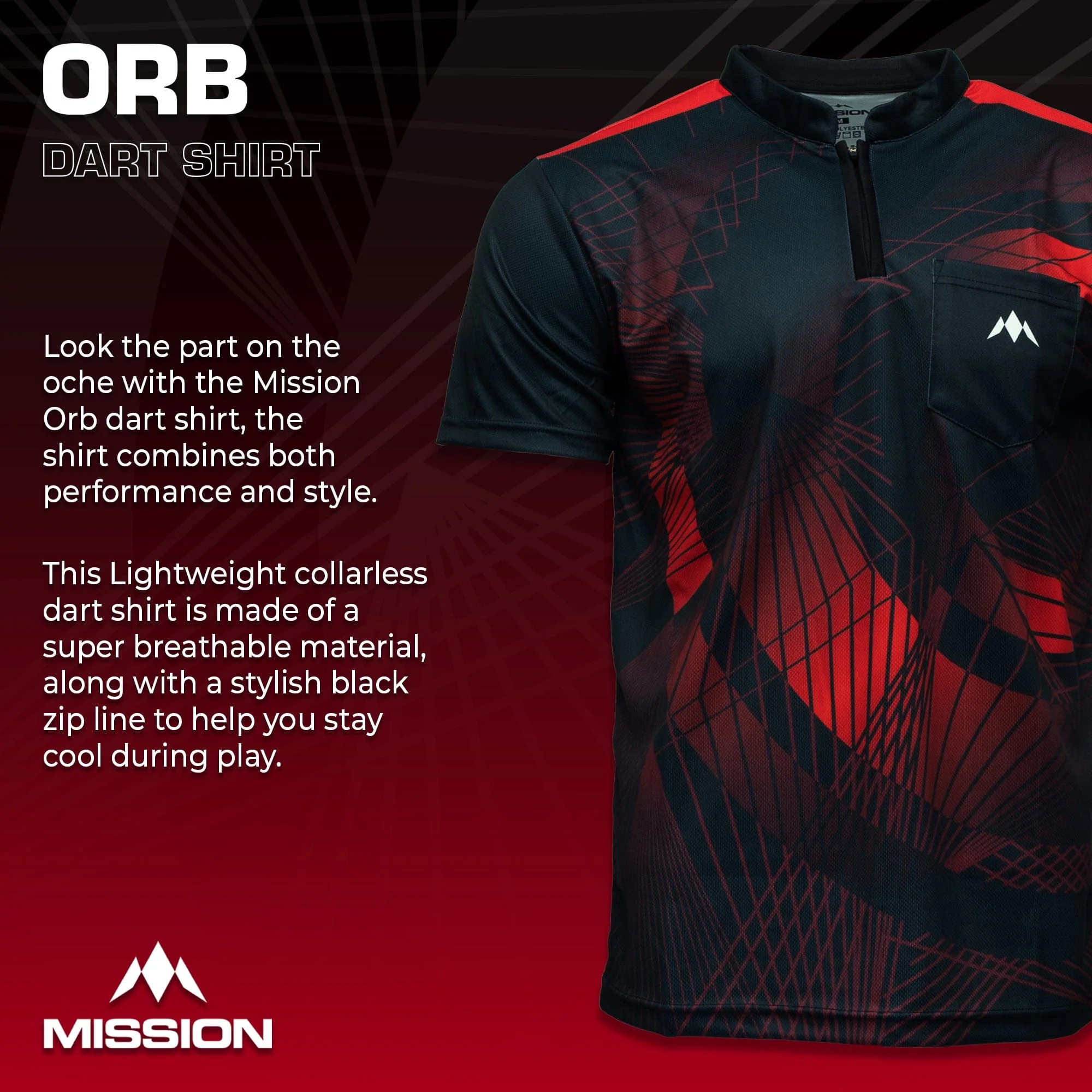 *Mission Darts Orb Dart Shirt - Collarless - Lightweight - Black & Red - Image 2