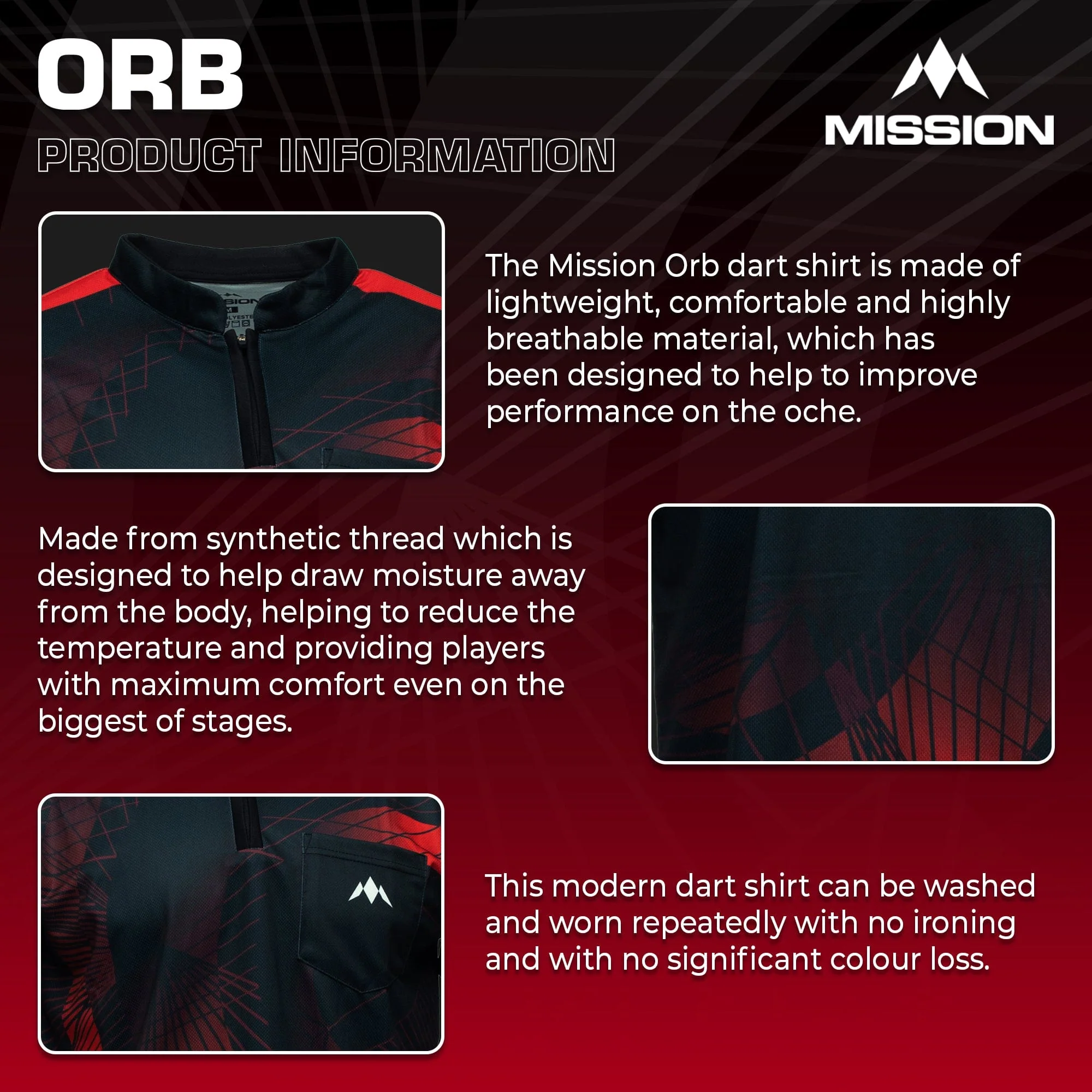 *Mission Darts Orb Dart Shirt - Collarless - Lightweight - Black & Red - Image 4