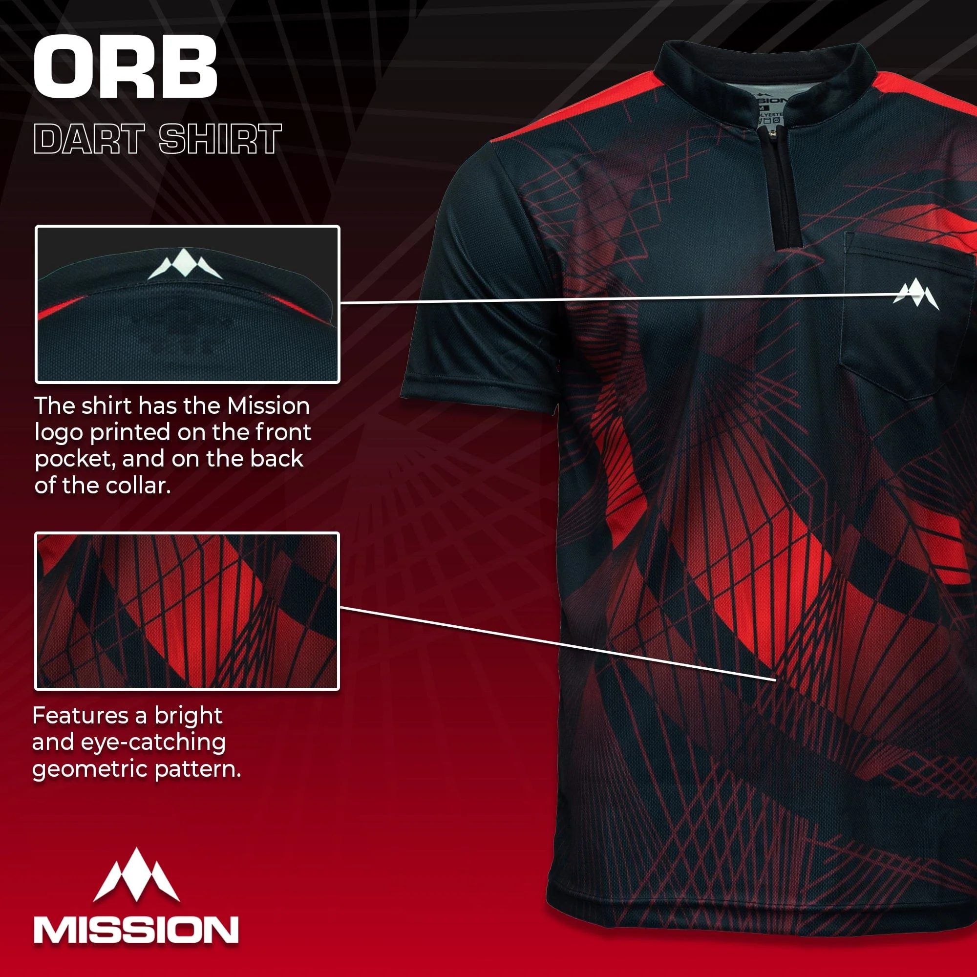 *Mission Darts Orb Dart Shirt - Collarless - Lightweight - Black & Red - Youth - Image 3