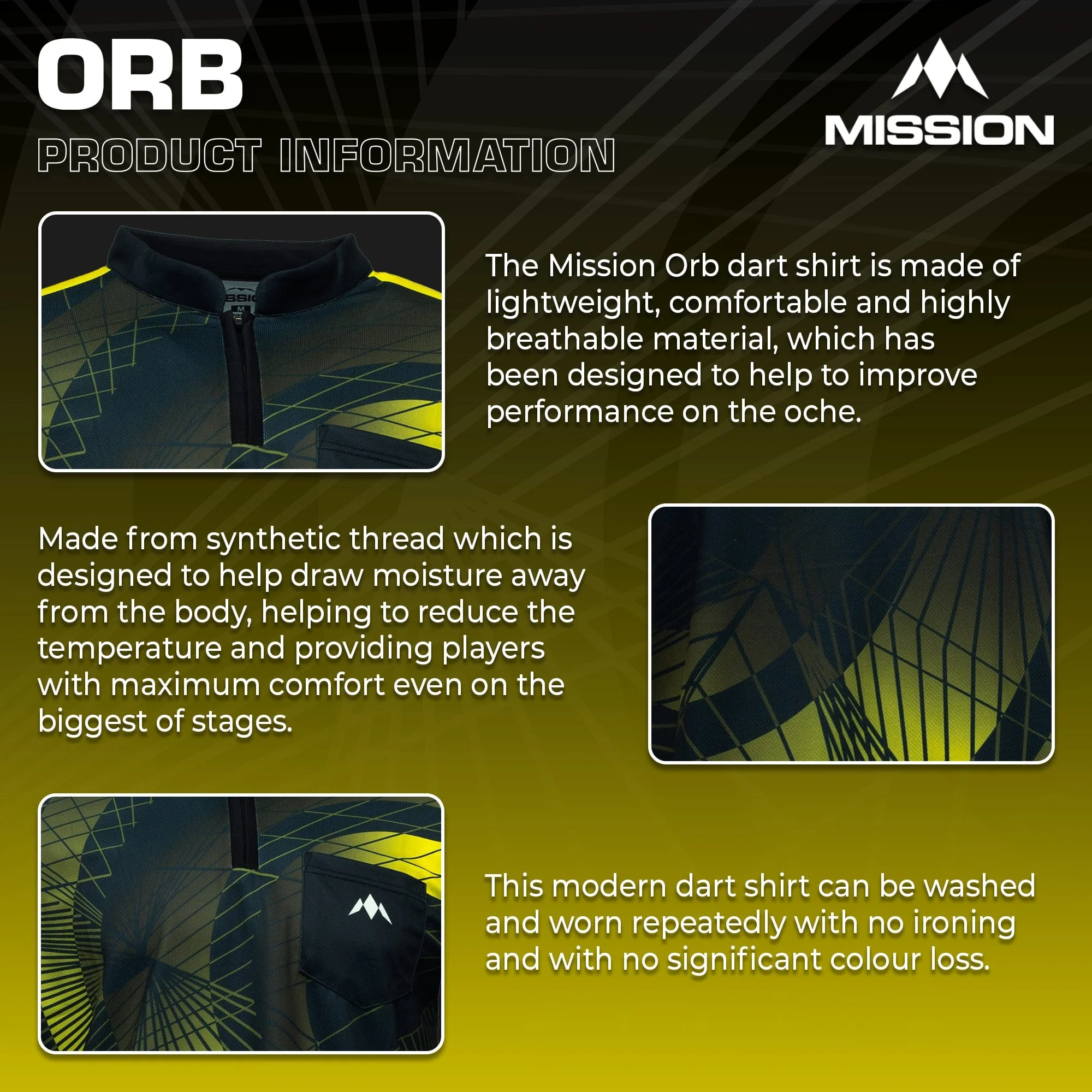 *Mission Darts Orb Dart Shirt - Collarless - Lightweight - Black & Yellow - Image 4