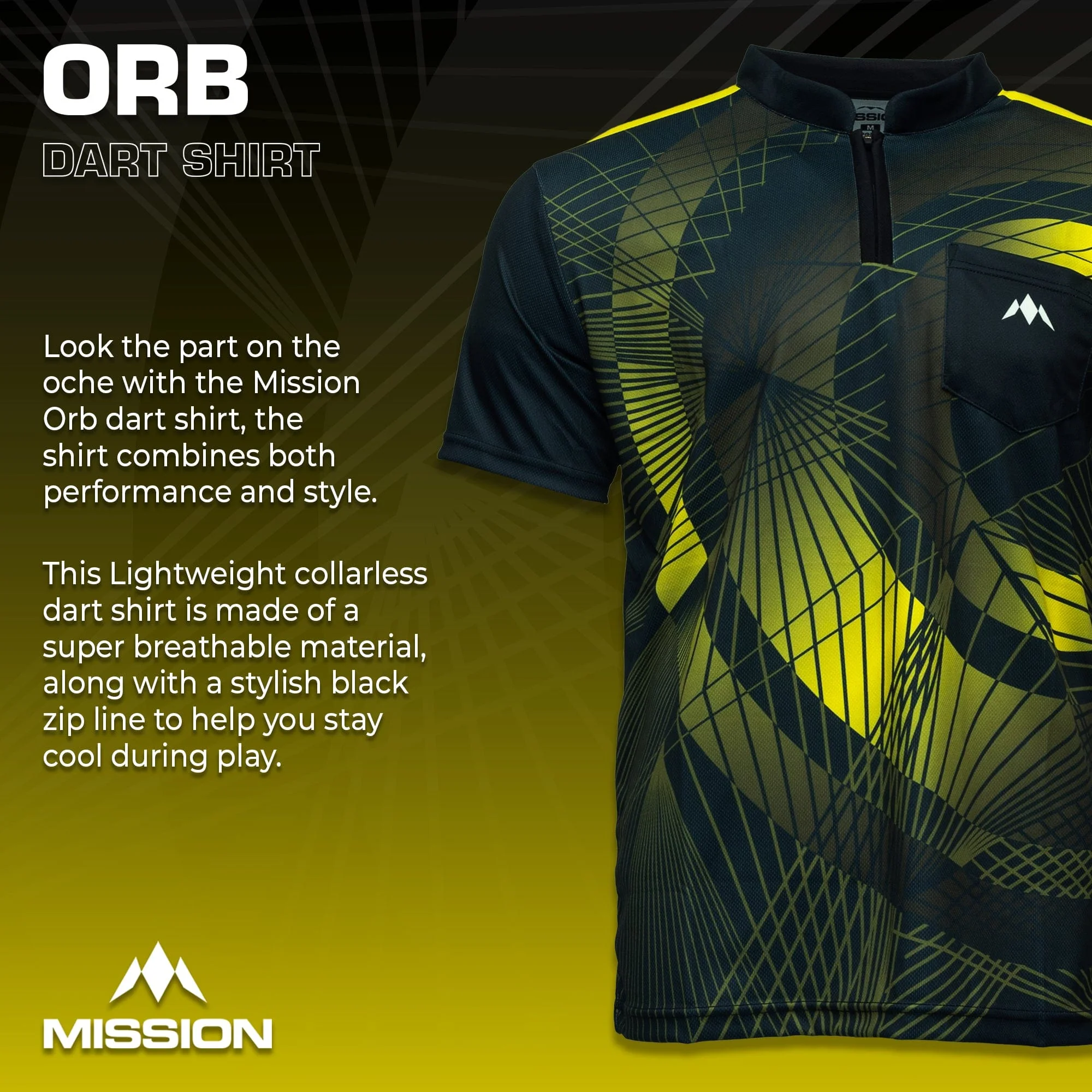 *Mission Darts Orb Dart Shirt - Collarless - Lightweight - Black & Yellow - Youth - Image 2