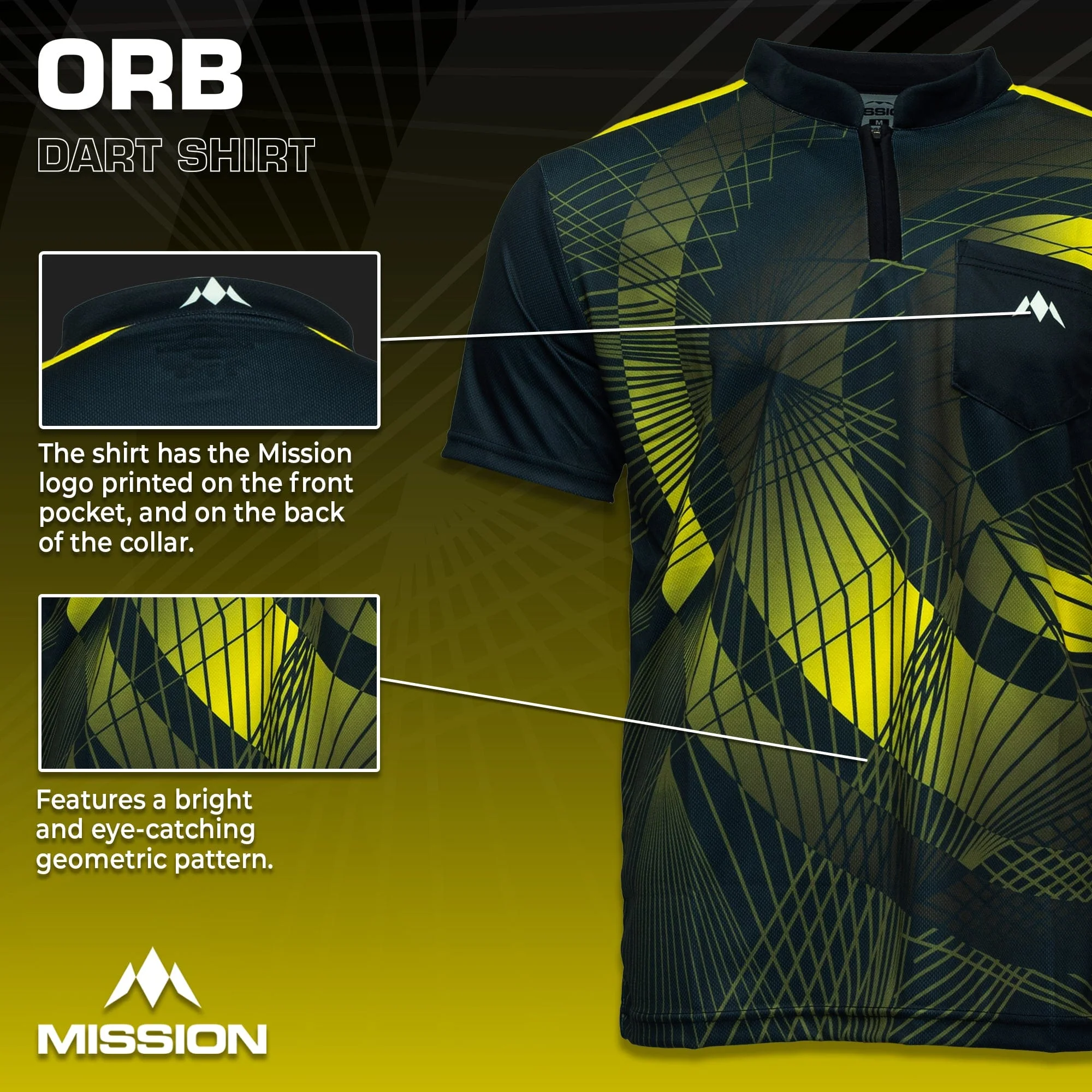 *Mission Darts Orb Dart Shirt - Collarless - Lightweight - Black & Yellow - Youth - Image 3