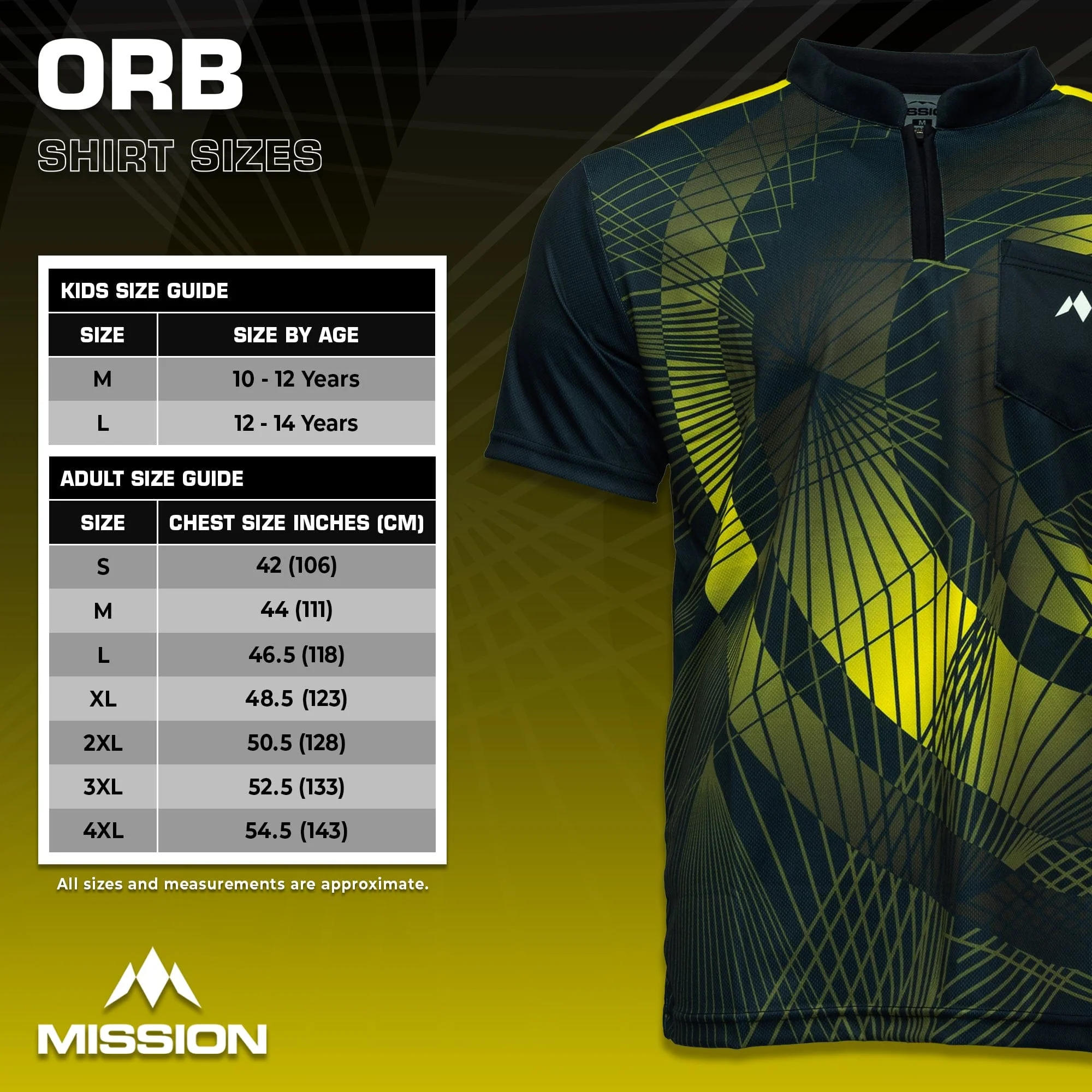 *Mission Darts Orb Dart Shirt - Collarless - Lightweight - Black & Yellow - Youth - Image 5