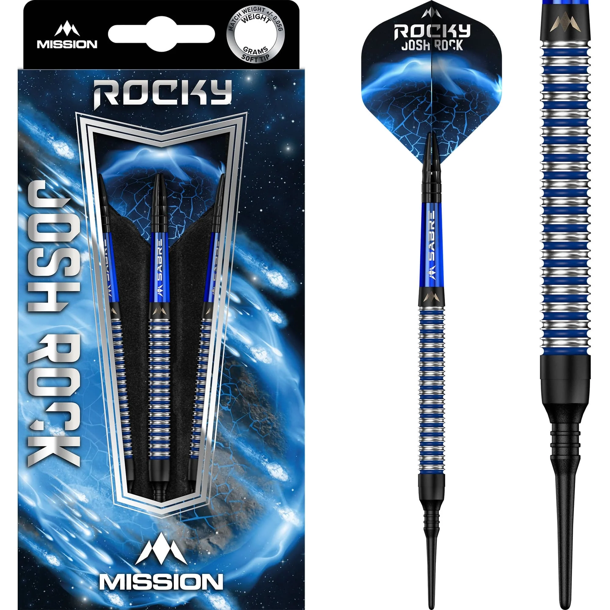 *Mission Josh Rock Darts v1 - Soft Tip - 95% - Rocky - Black & Blue - 18g