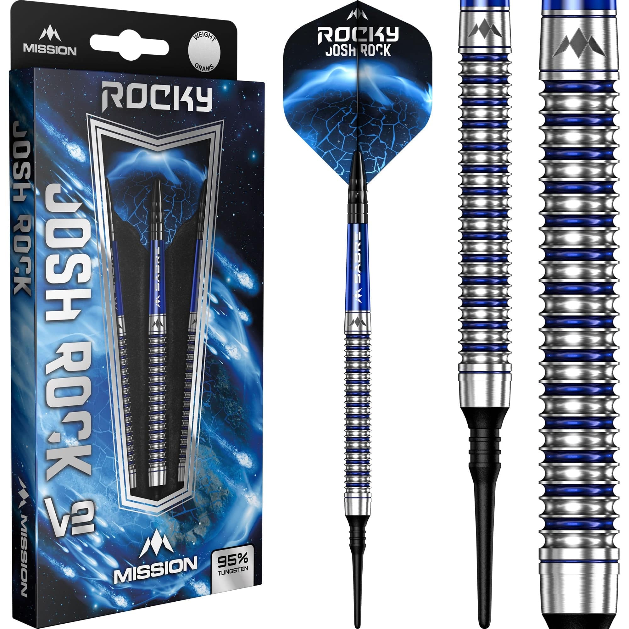 *Mission Josh Rock Darts v2 - Soft Tip - 95% - Rocky - Silver & Blue PVD - Image 2
