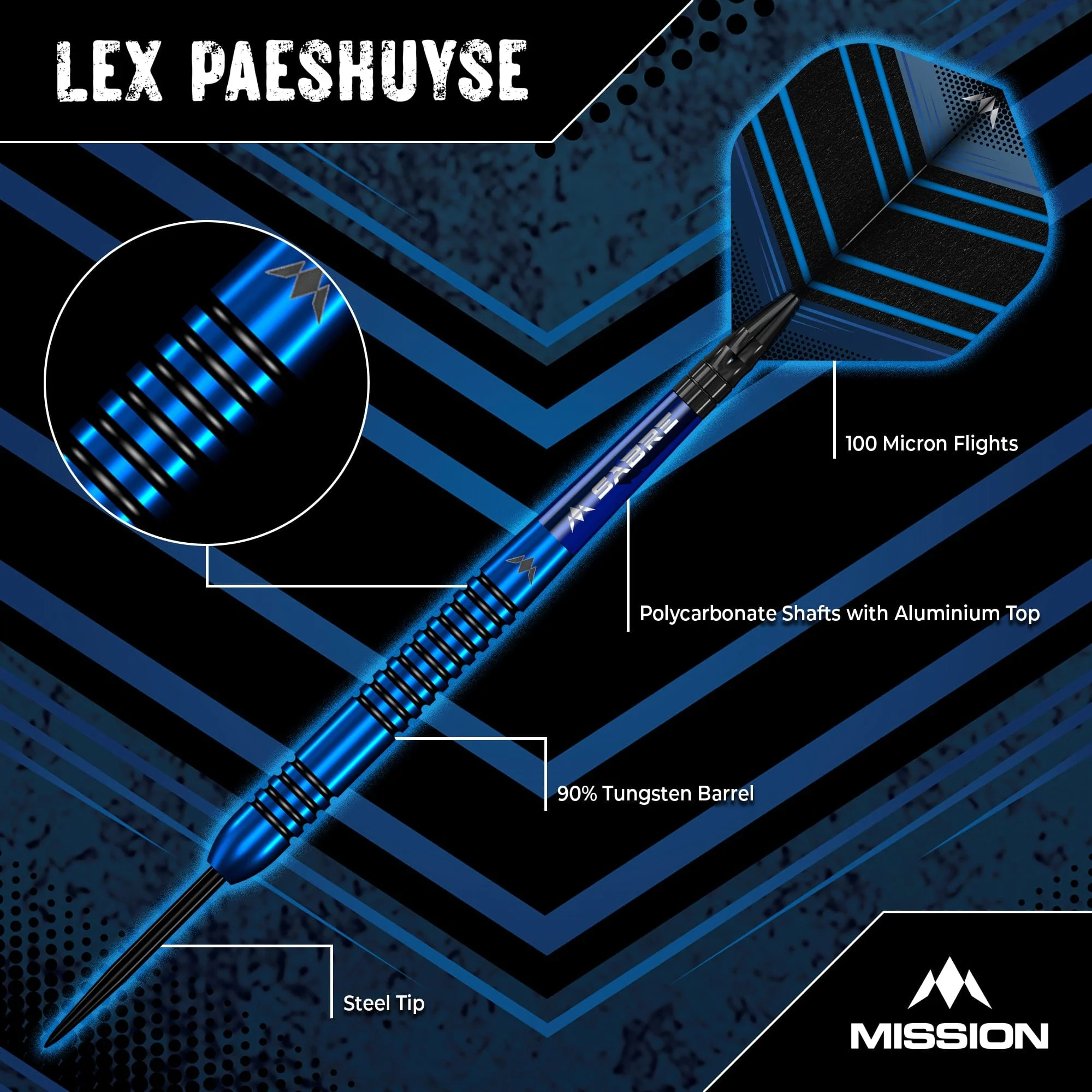 Mission Lex Paeshuyse Darts - Steel Tip - 90% Tungsten - Blue & Black - Image 3