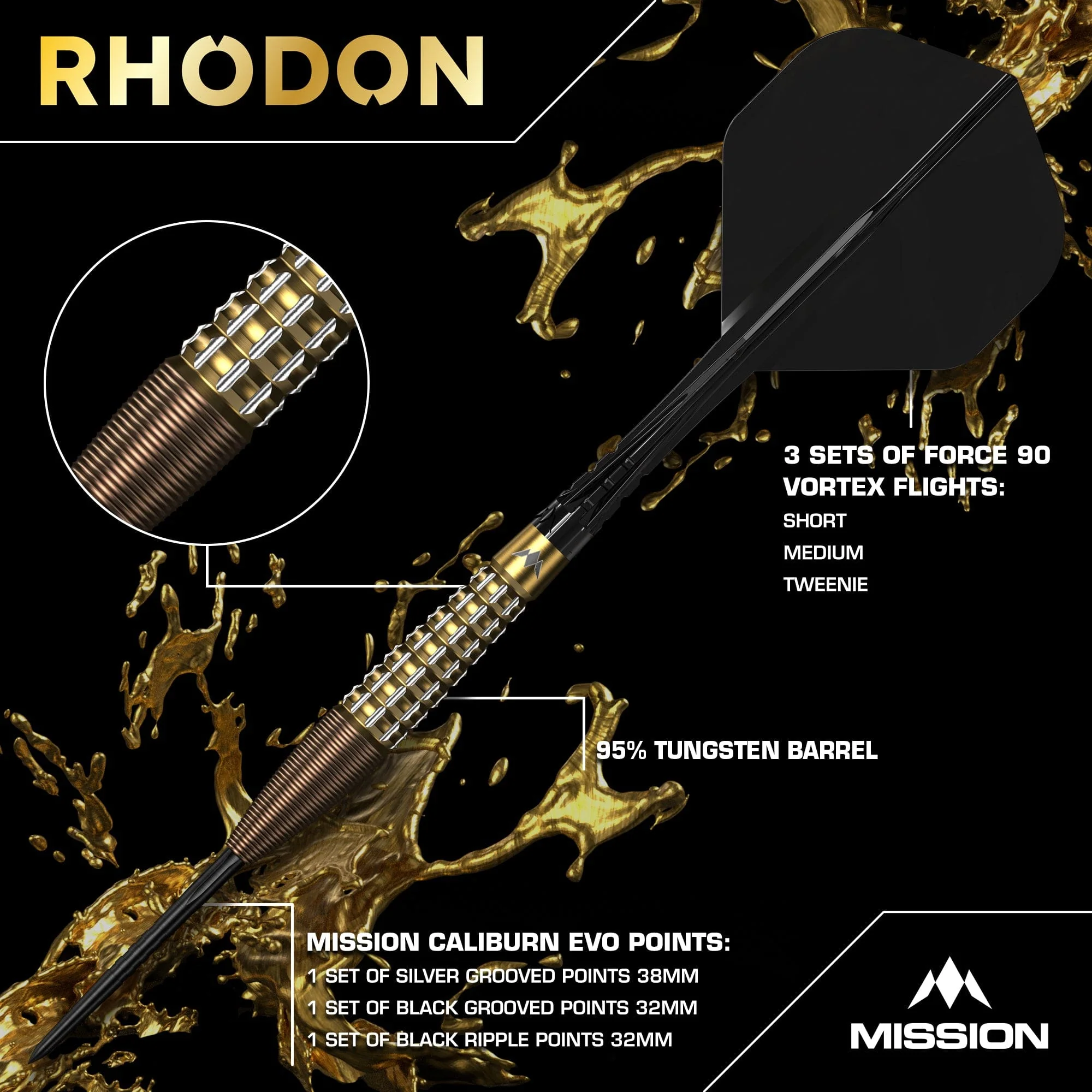 Mission Rhodon Darts - Steel Tip - 95% Tungsten - Bronze & Gold PVD - Image 2