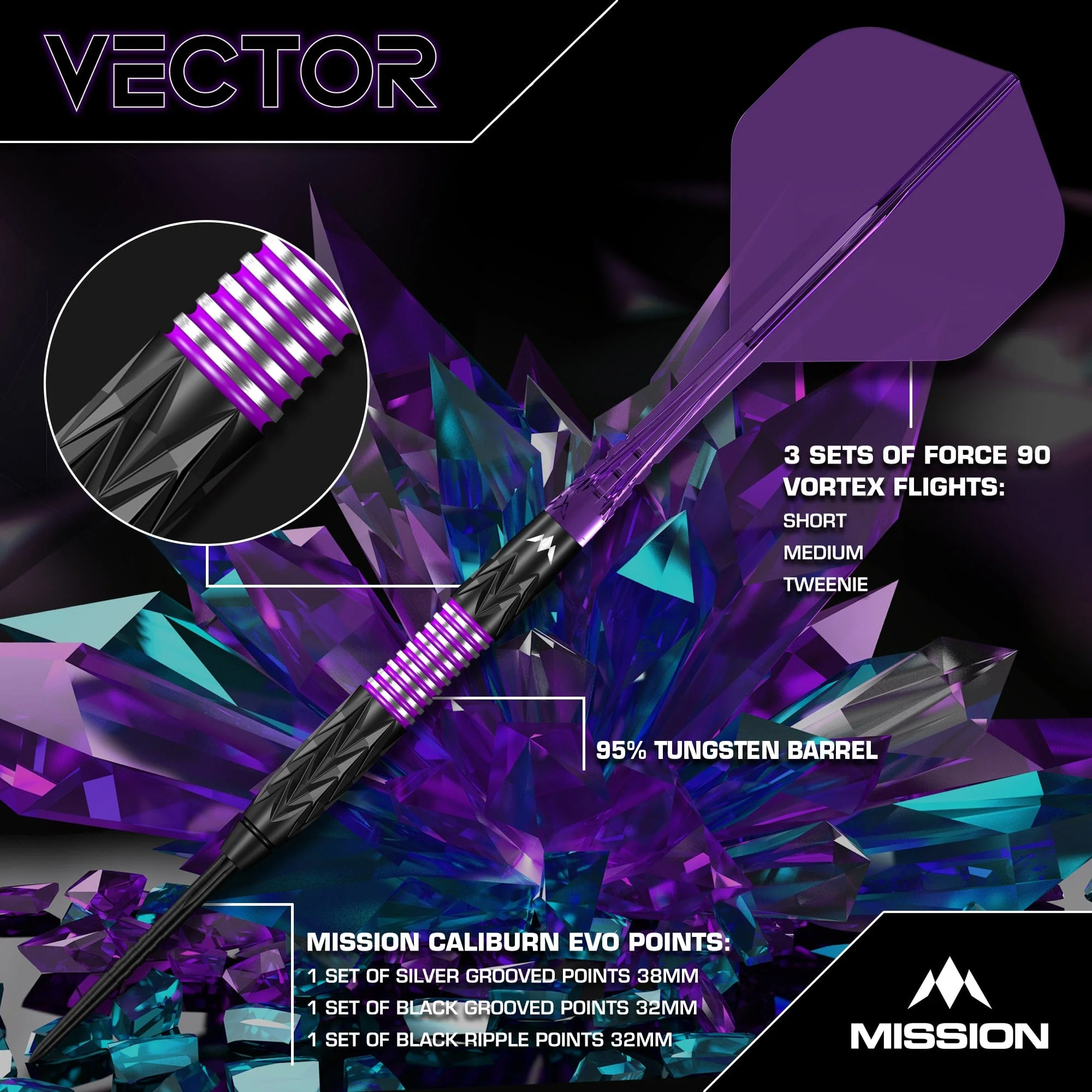 Mission Vector Darts - Steel Tip - 95% Tungsten - Black PVD & Purple Electro - Image 2