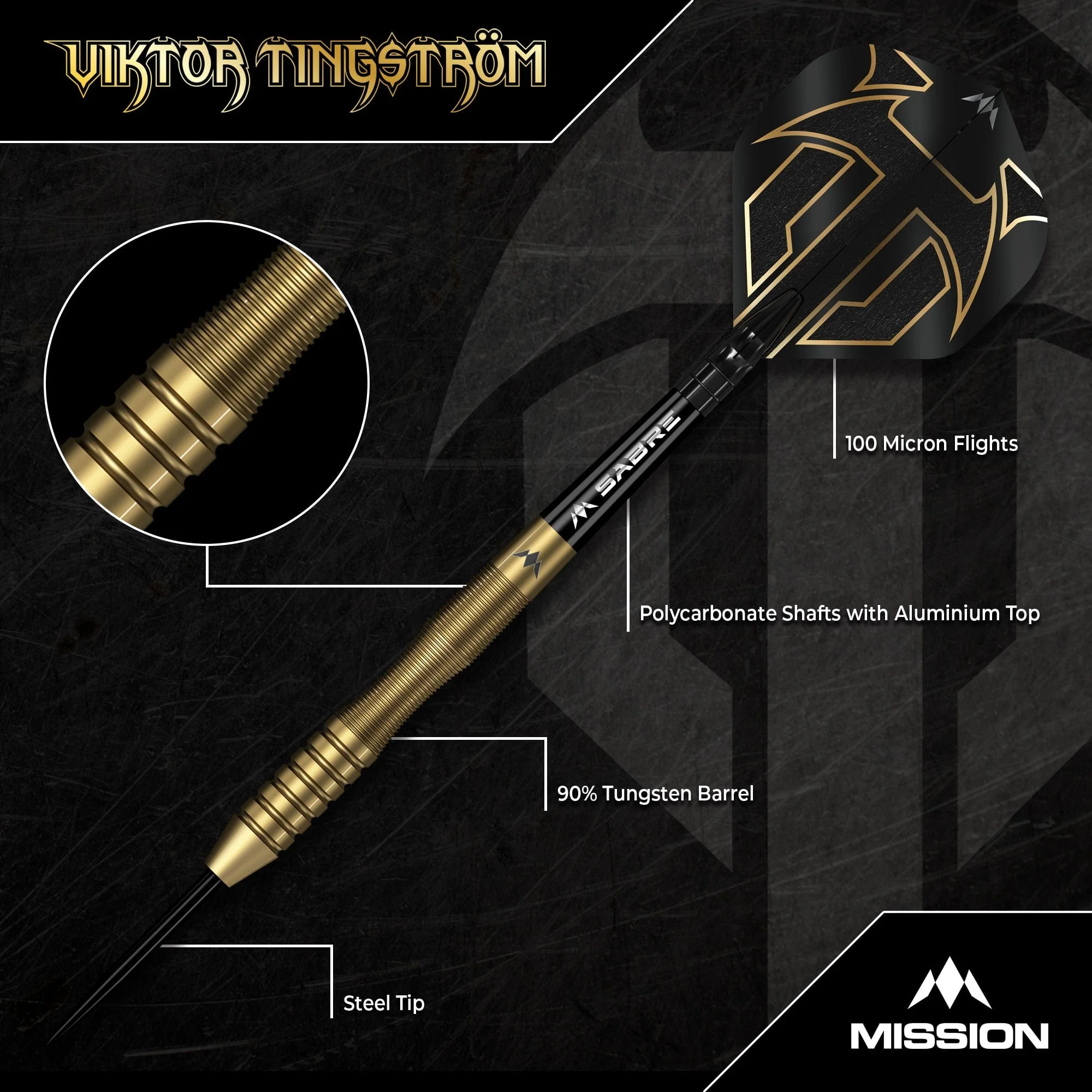 Mission Viktor Tingstrom Darts - Steel Tip - 90% Tungsten - Gold - Image 3