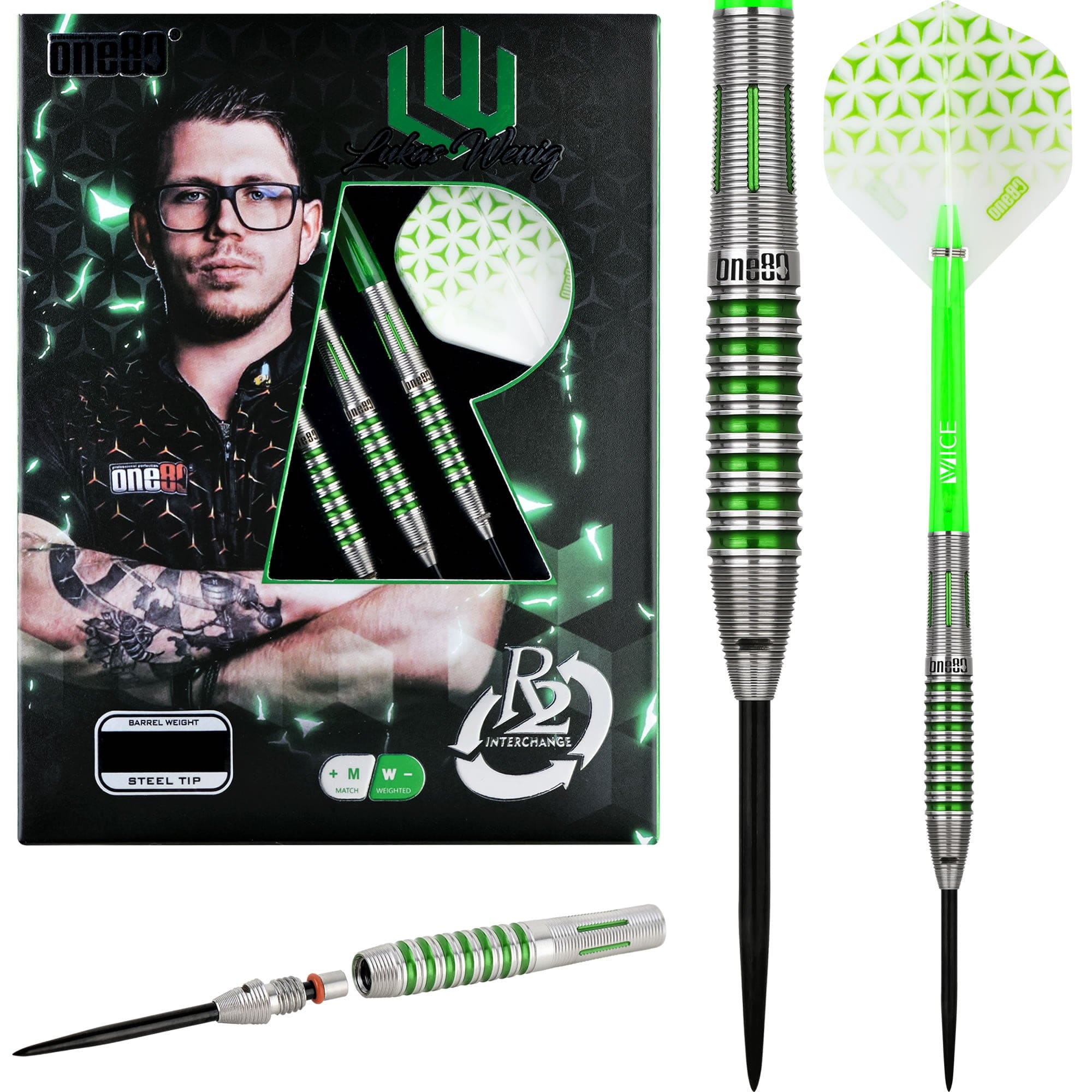 *One80 Lukas Wenig R2 Interchange Darts - Steel Tip - V2 - Green