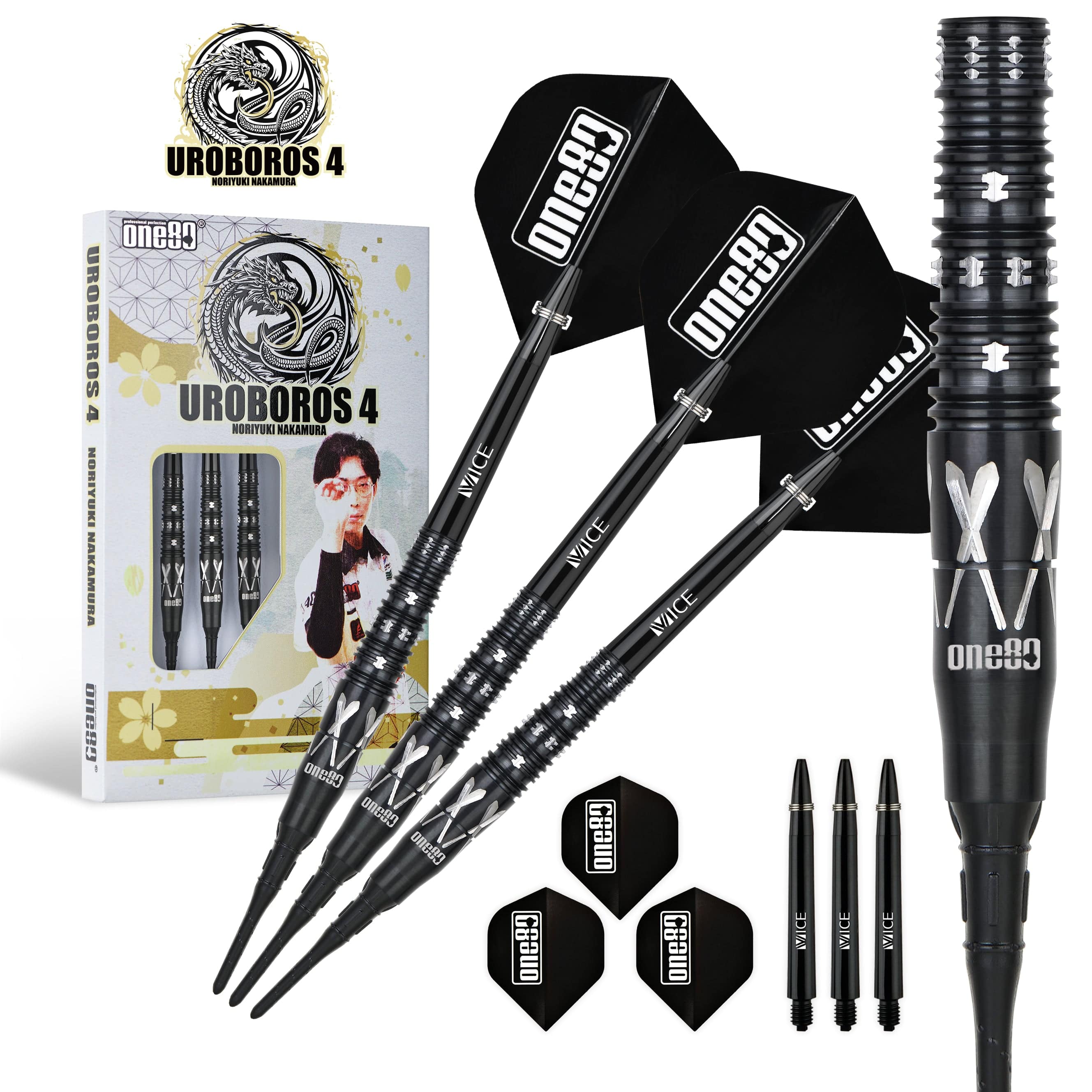 One80 Noriyuki Nakamura Darts - Soft Tip - 90% Tungsten - V4 - Black - Image 3