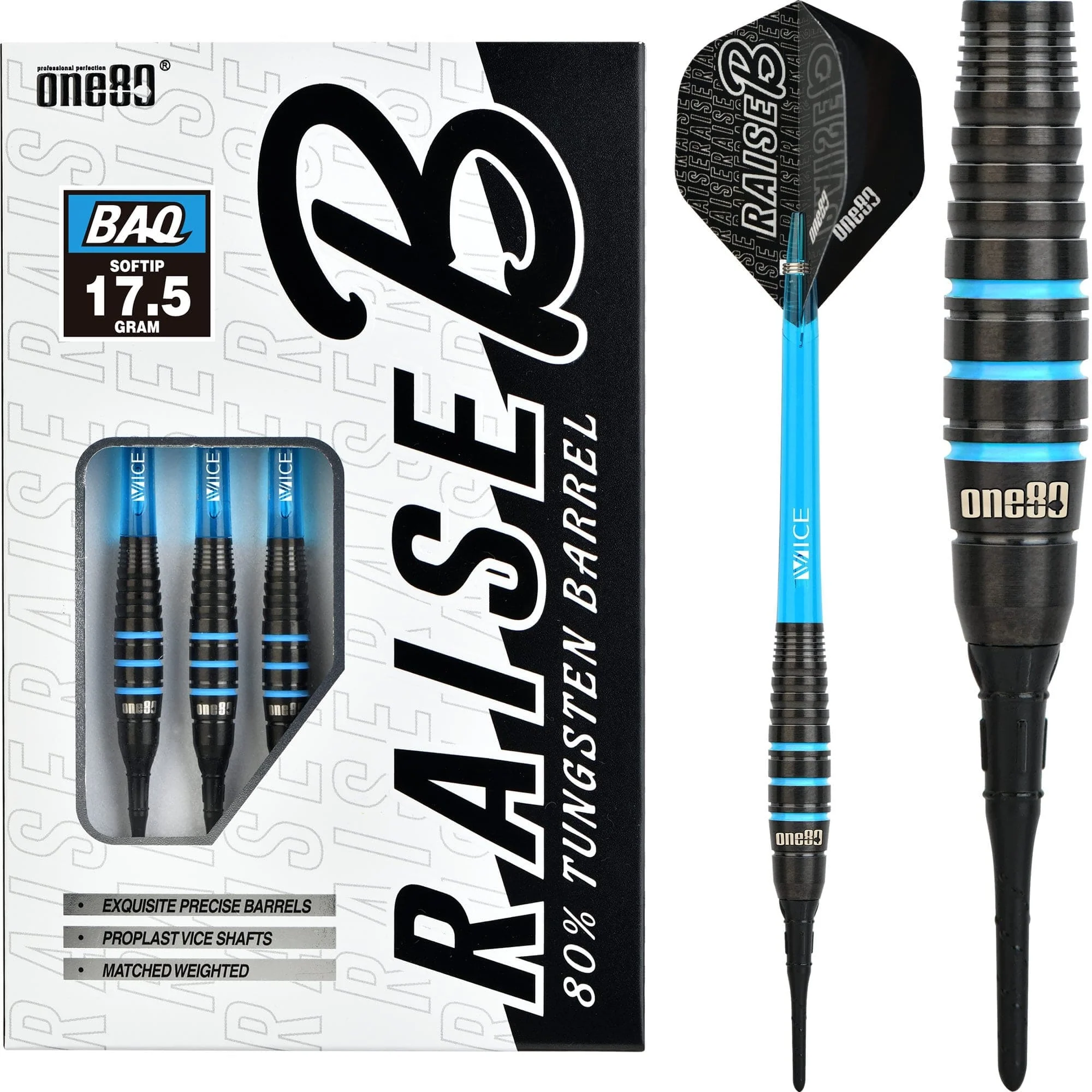 One80 Raise B Darts - Soft Tip - Black - Aqua Blue Rings