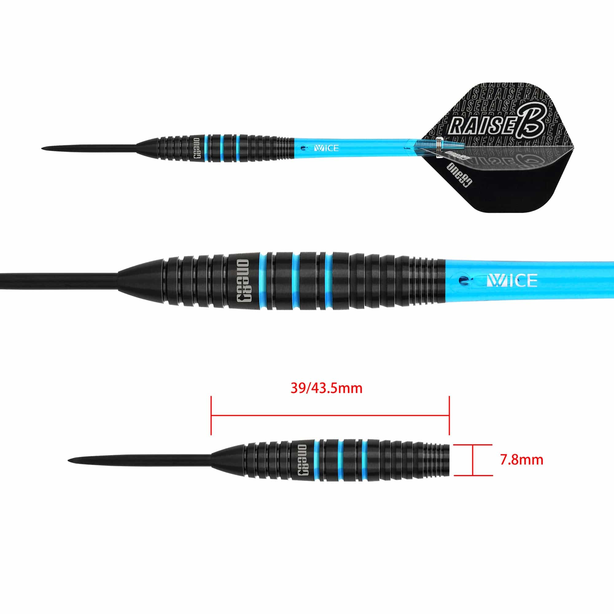 One80 Raise B Darts - Steel Tip - Black - Aqua Blue Rings - Image 3