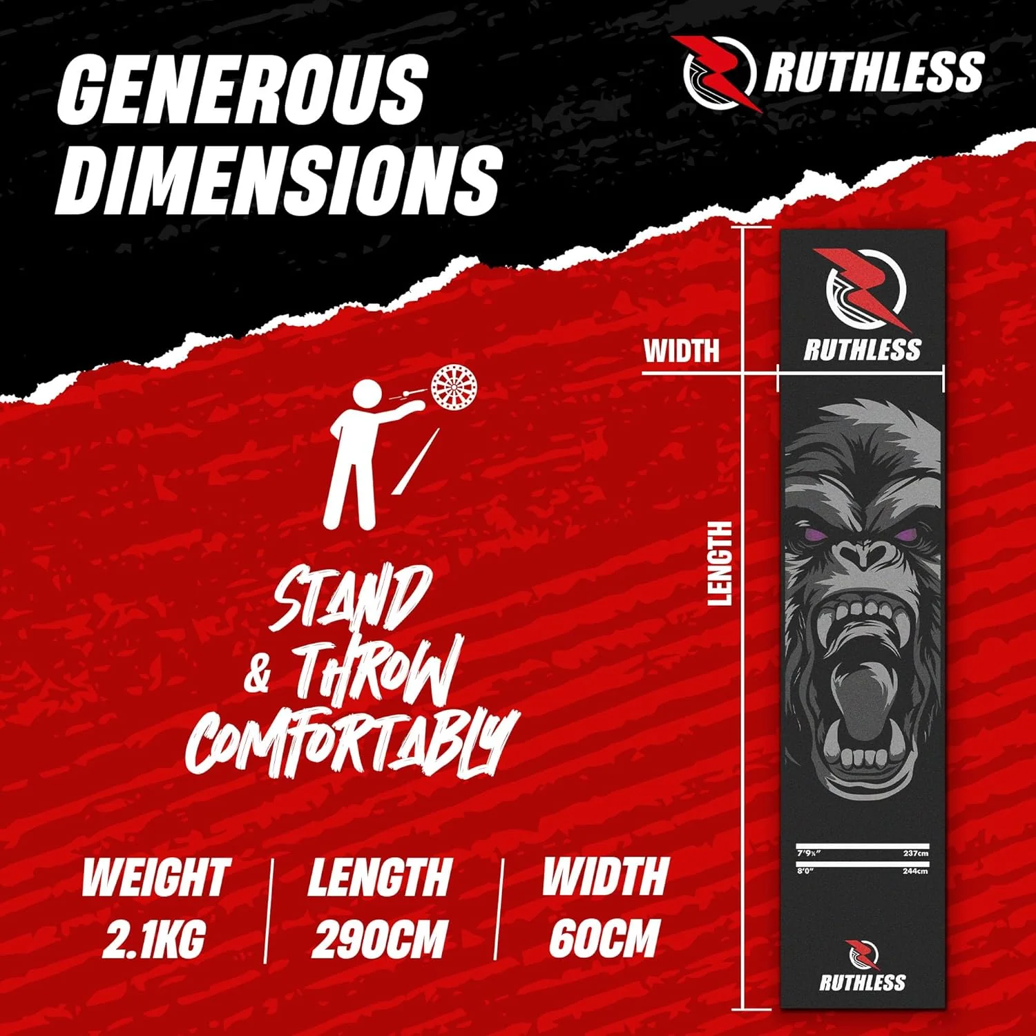 Ruthless Gorilla Dart Mat - Carpet Mat - 290cm x 60cm - Black & Grey - Image 8