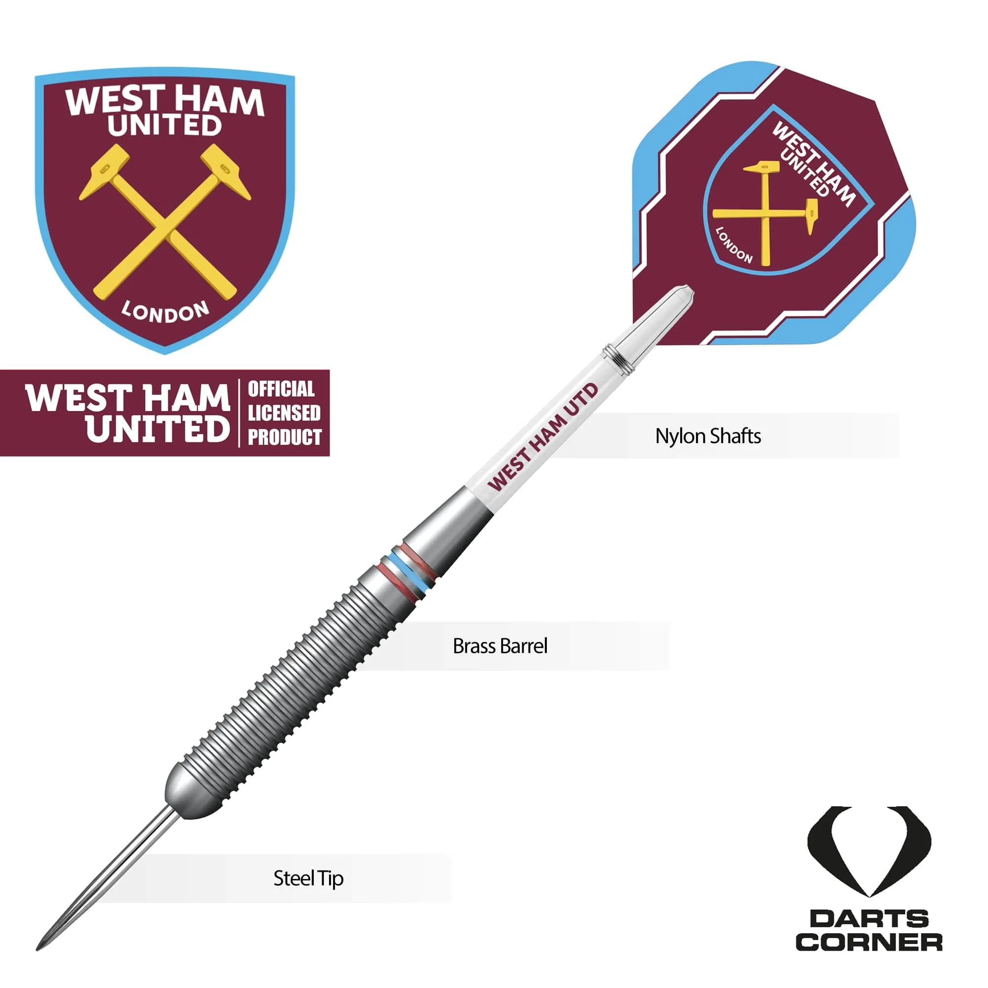 West Ham United FC - Official Licensed - Steel Tip Darts - Brass - 22g - Image 3