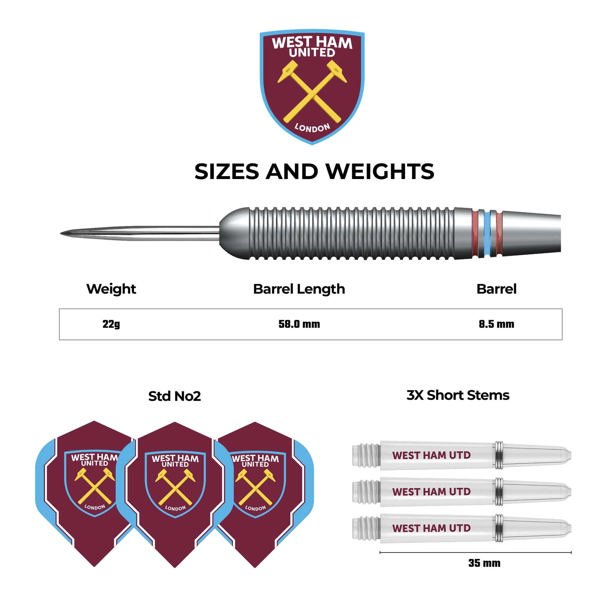 West Ham United FC - Official Licensed - Steel Tip Darts - Brass - 22g - Image 4